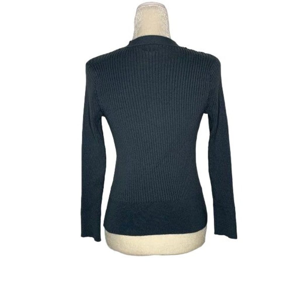 A New Day Button Up Cardigan Sweater M Grey Ribbed Knit V Neck Long Sleeves - Picture 3 of 4